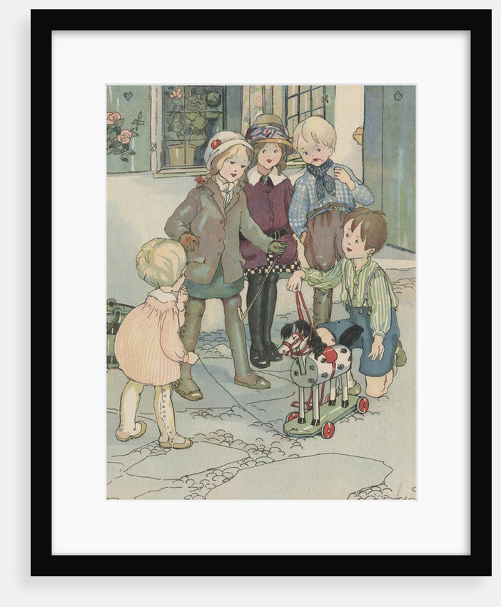 Illustration of children looking at toy horse by Anonymous