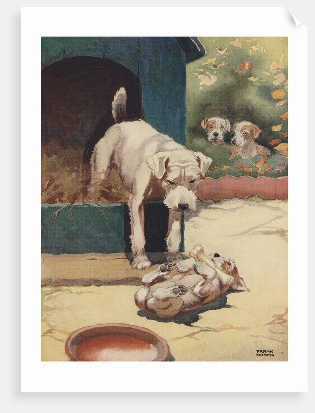 Illustration of dog looking at another dog holding bone by Anonymous