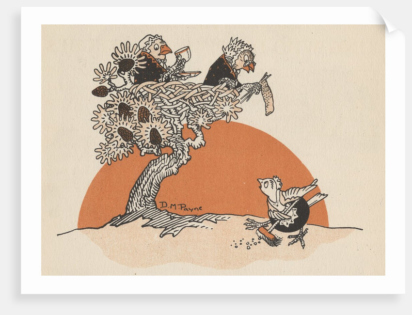 Illustration of female birds watching another bird sweep by Anonymous