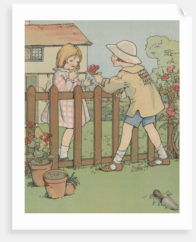 Illustration of boy giving rose to girl by Anonymous