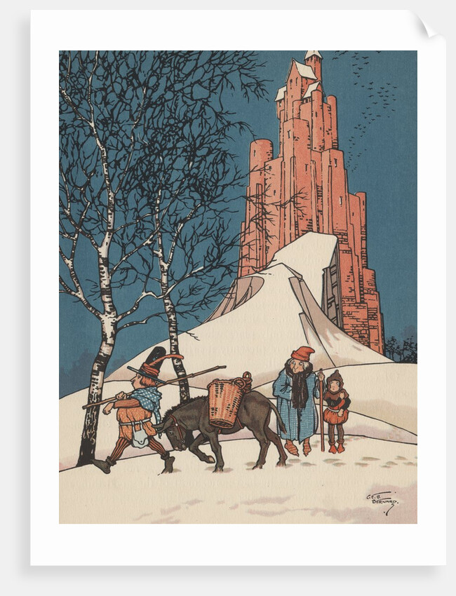 Illustration of man walking with donkey in snow by Anonymous