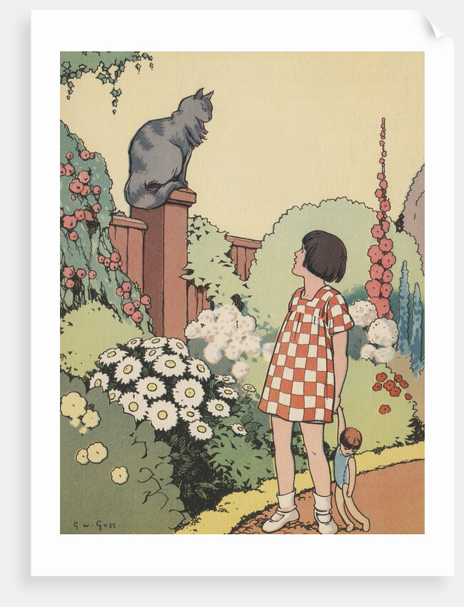 Illustration of girl looking at cat sitting on fence by Anonymous