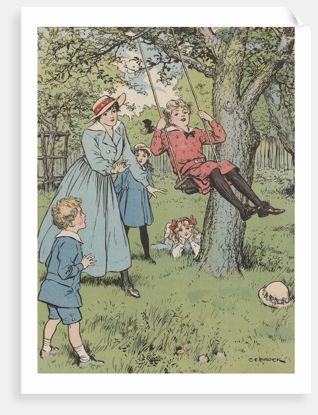Illustration of children playing on swing by Anonymous
