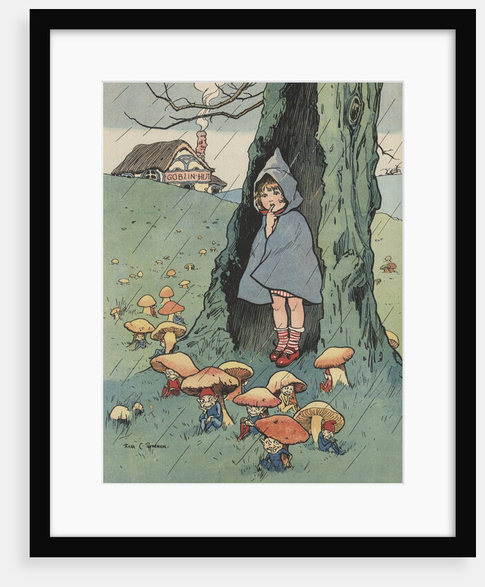 Illustration of girl watching goblins sitting under mushrooms by Anonymous