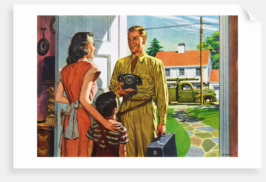 Phone repairman delivering phone to housewife by Anonymous