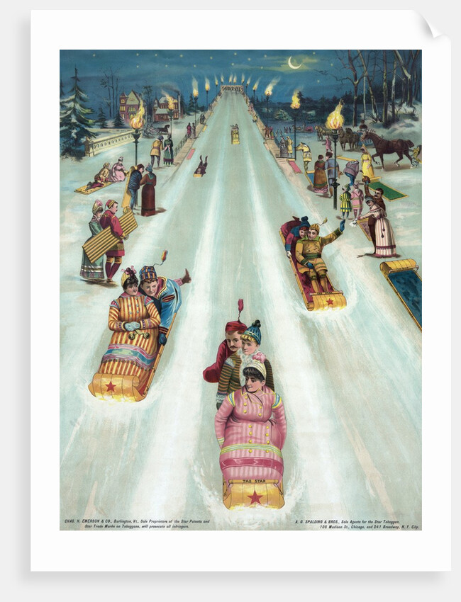 Couples sledding at night by Anonymous