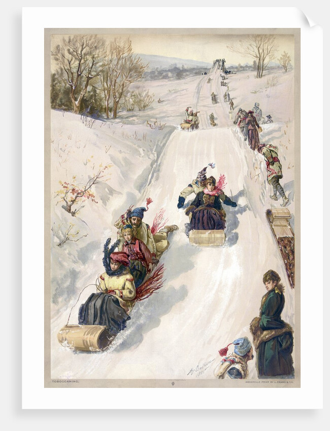 Tobogganing in countryside by Anonymous
