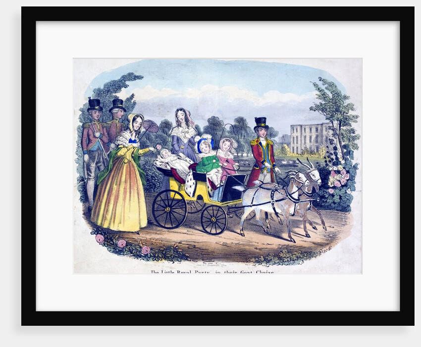 Three of Queen Victoria's children excercising in a goat carriage. A liveried footman is leading the goats and other adults are seeing to their comfort and safety. Possibly in the gardens of Buckingham Palace (formerly Buckingham House). by Anonymous