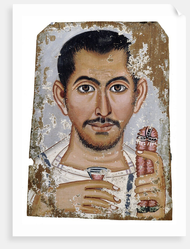 Fayum portrait of a man holding a small glass vessel and garland by Anonymous