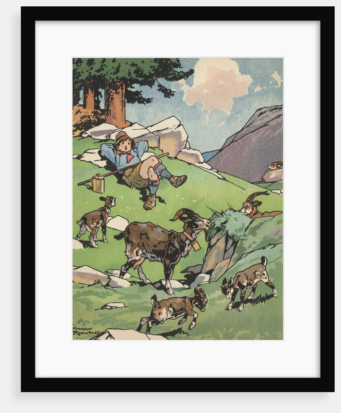 Goatherd resting near herd of goats by Anonymous
