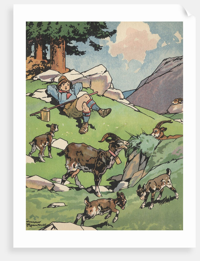 Goatherd resting near herd of goats by Anonymous