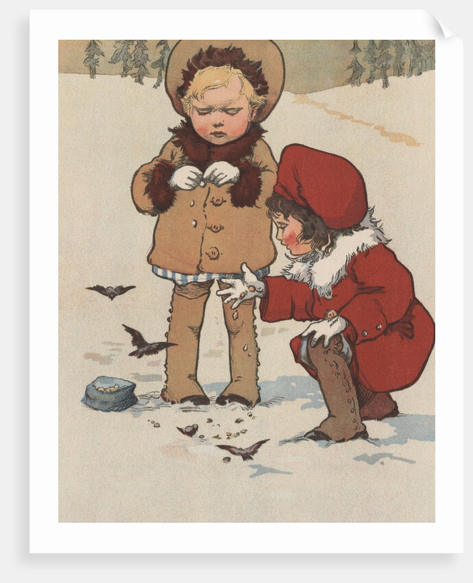 Children feeding birds in snow by Anonymous