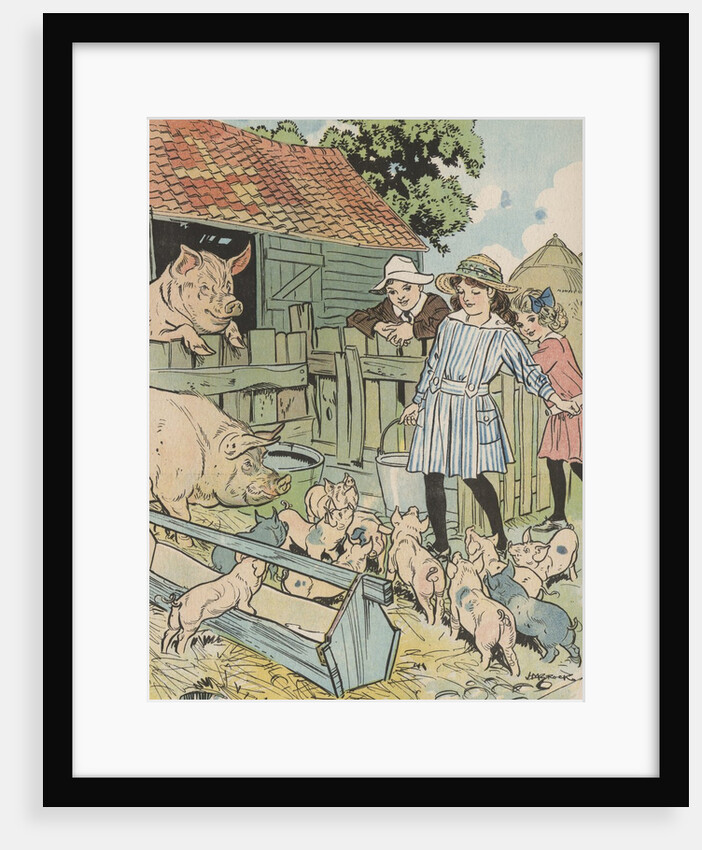 Children feeding pigs on farm by Anonymous
