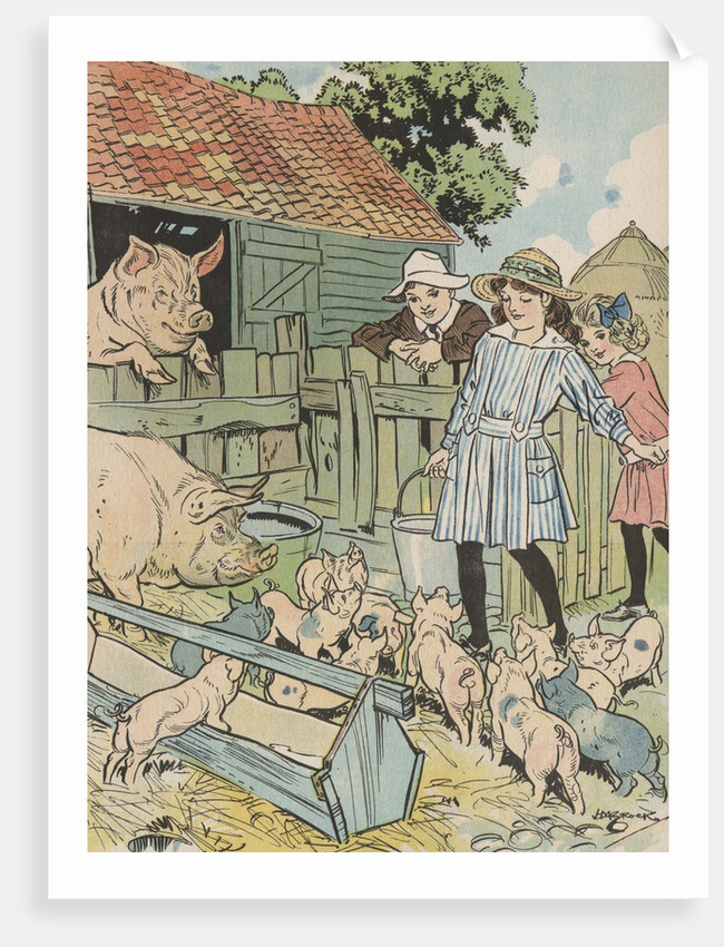 Children feeding pigs on farm by Anonymous