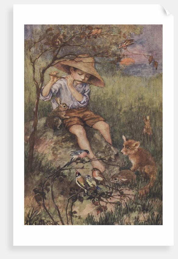 Animals listening to boy play flute by Anonymous