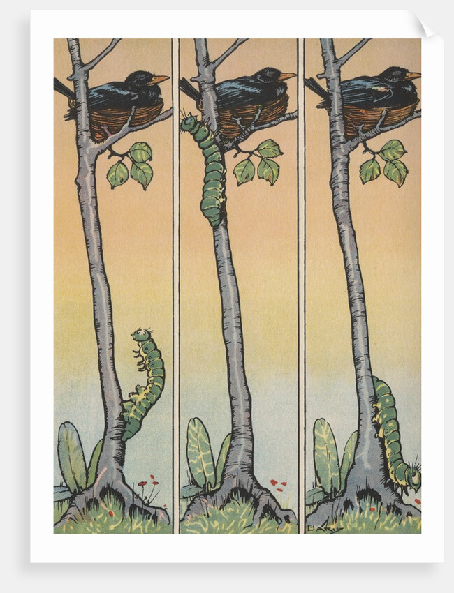 Caterpillar climbing tree with nesting bird by Anonymous