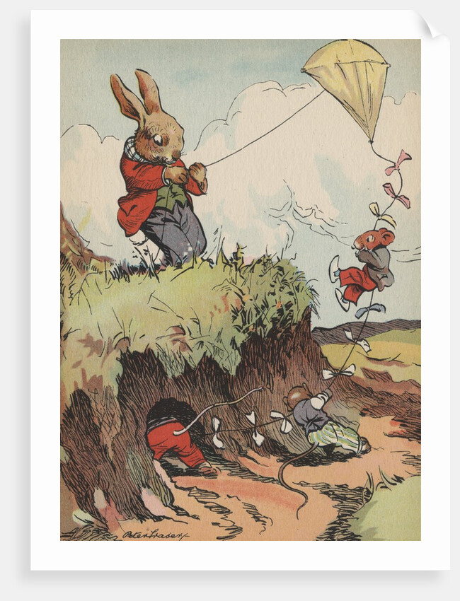 Rabbit and mice flying kite by Anonymous