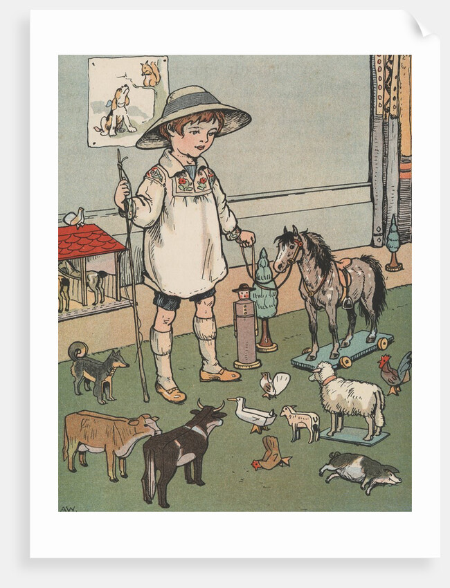 Boy playing with toy farm animals by Anonymous