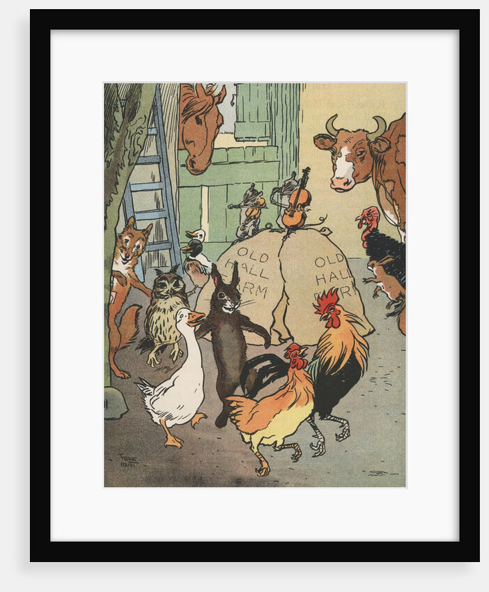 Farm animals dancing near barn by Anonymous