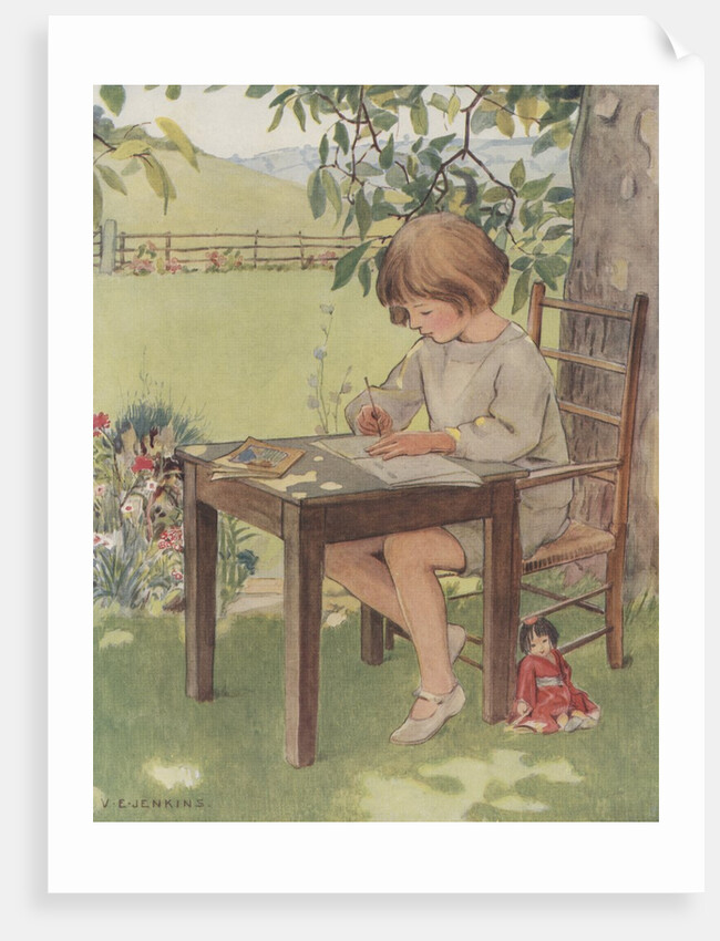 Child writing outdoors by Anonymous