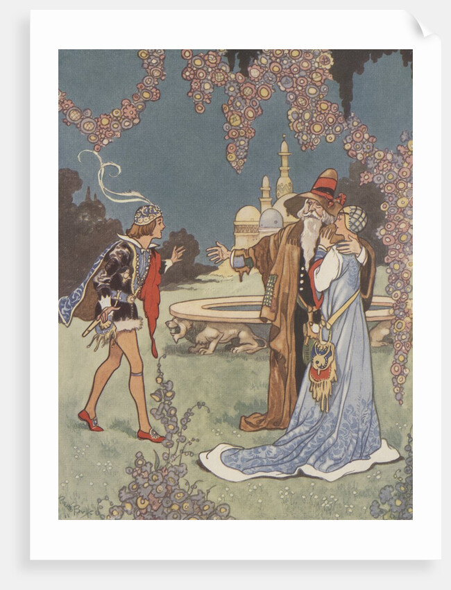 Princess with two men near fountain by Anonymous