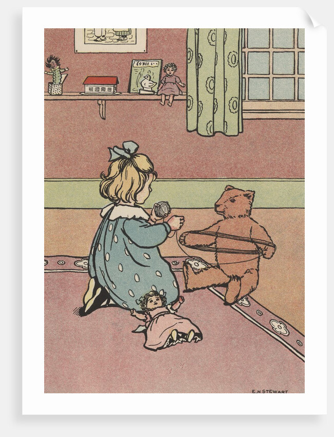 Girl winding yarn with teddy bear by Anonymous