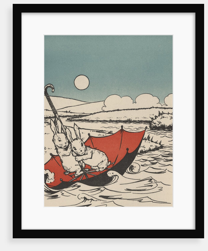 Two rabbits floating on upside down umbrella by Anonymous
