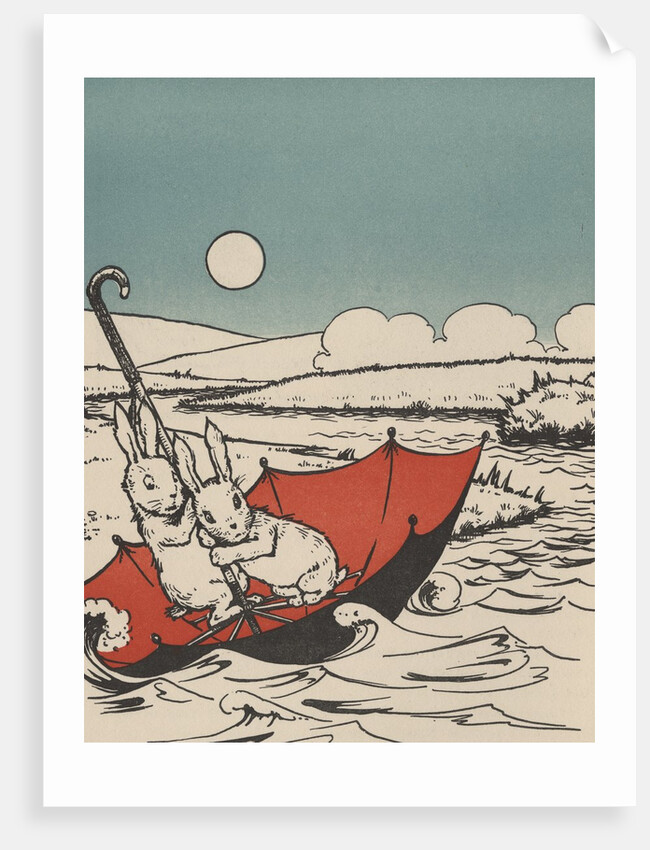 Two rabbits floating on upside down umbrella by Anonymous