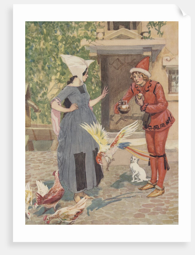 Young man and woman with chickens and cat by Anonymous