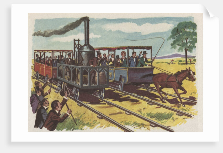 Race between steam locomotive and horse-drawn car by Anonymous