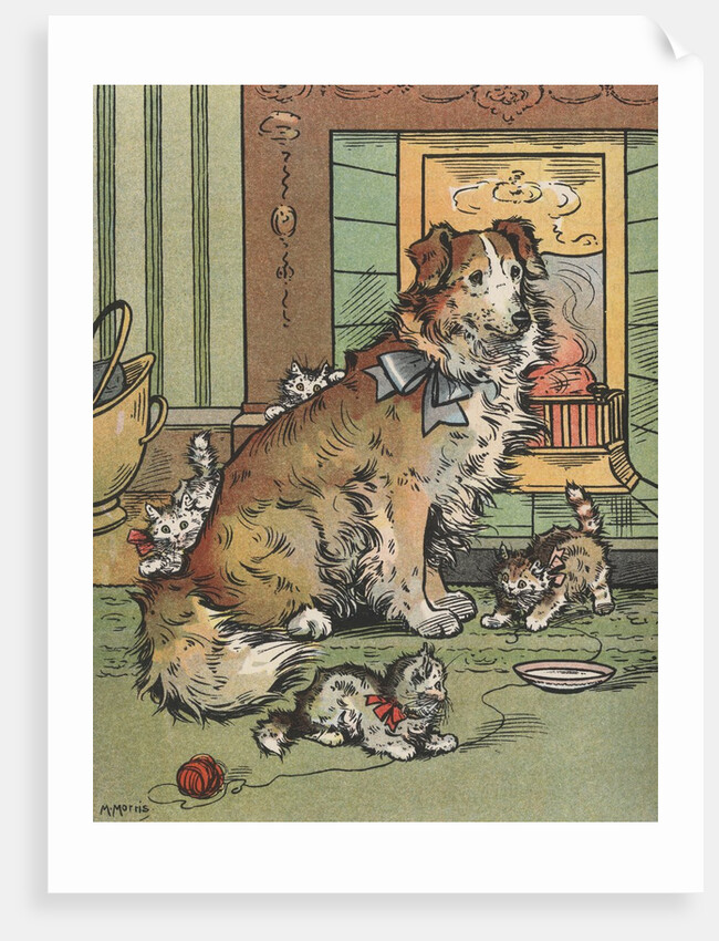 Kittens playing around dog by Anonymous