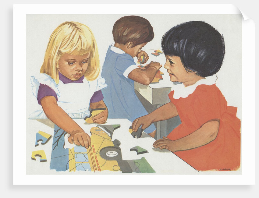 Girls playing with puzzles by Anonymous