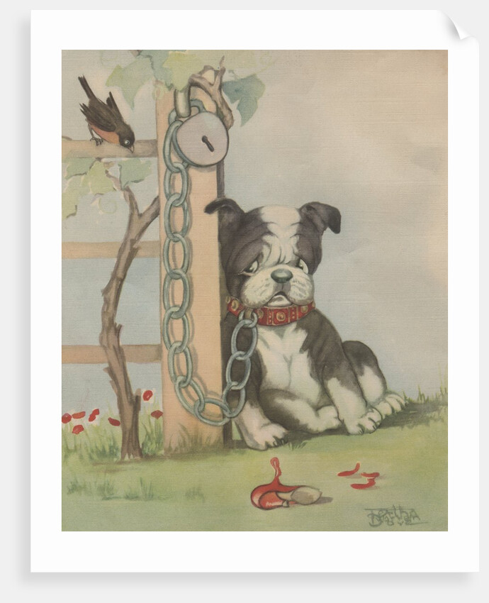 Chained dog sitting near chewed up shoe by Anonymous