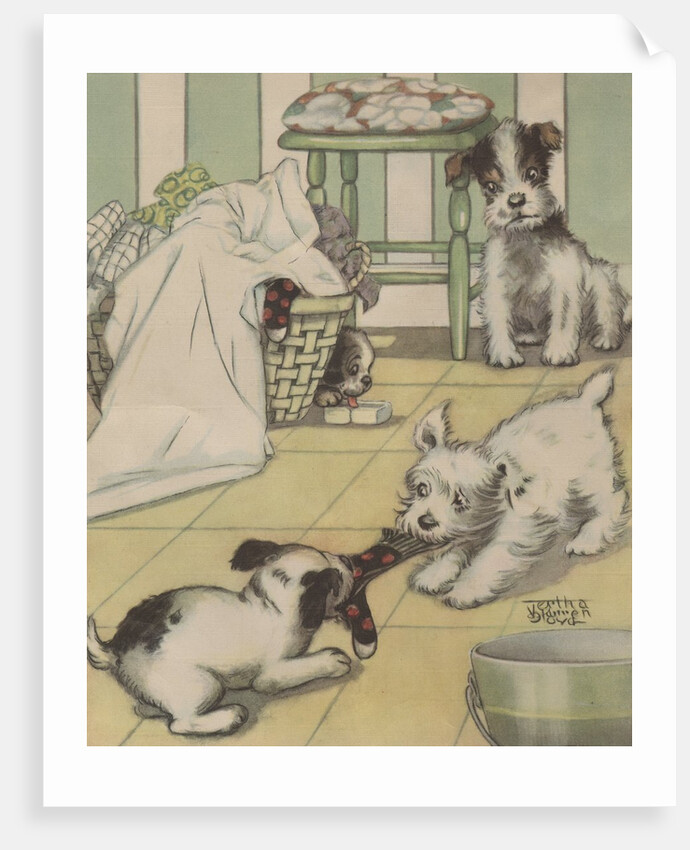 Puppies playing with laundry by Anonymous