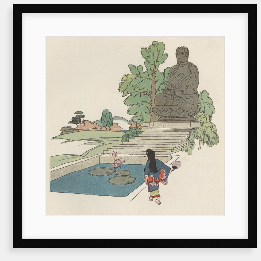 Japanese woman near Buddha statue by Anonymous