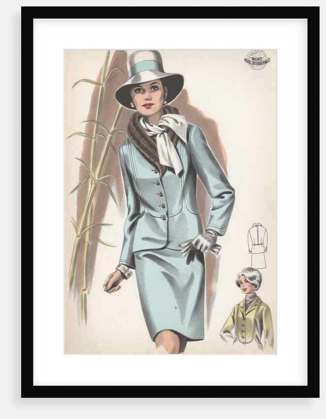 Model wearing fur-trimmed suit by Anonymous