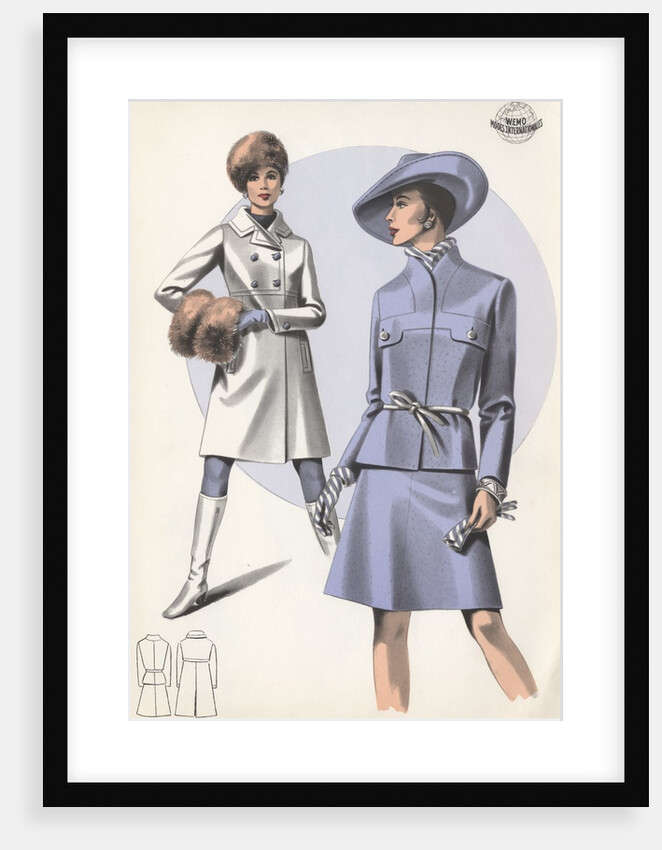 Models wearing coat and belted suit by Anonymous
