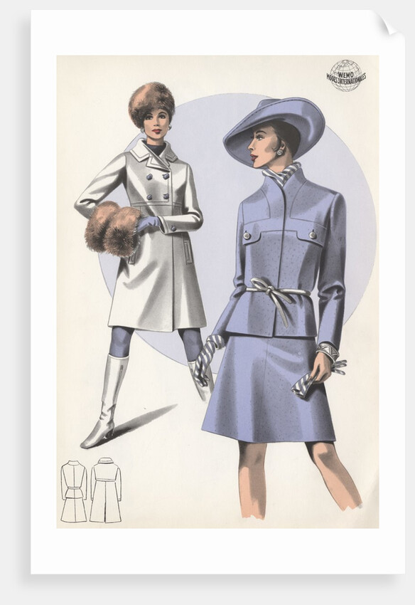 Models wearing coat and belted suit by Anonymous