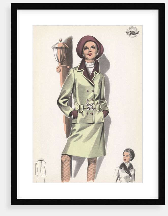 Model wearing belted suit by Anonymous