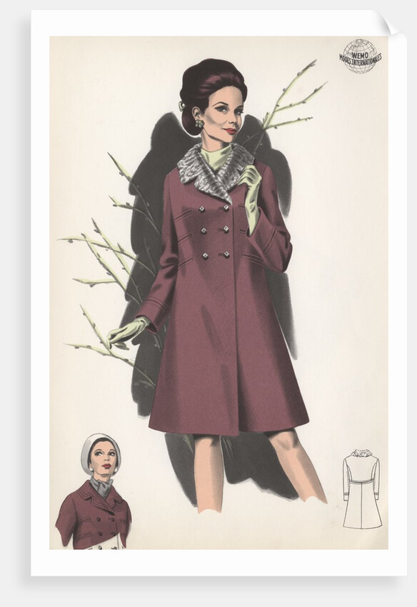 Model wearing coat with fur collar by Anonymous