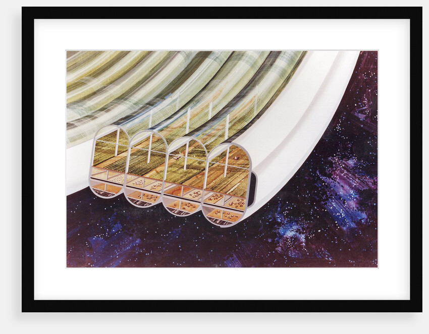 View of Bernal Sphere agricultural module (multiple toroids) with cutaway to expose interior by Anonymous