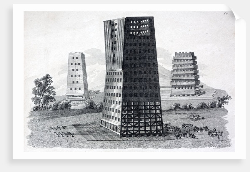 Moving towers: tourres ambulatoriae. 18th century illustration of these Roman siege engines. by Anonymous