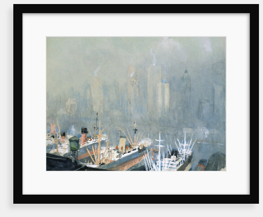 New York City Skyline from Brooklyn Harbor, Ships Docked in Foreground by Joseph Pennell