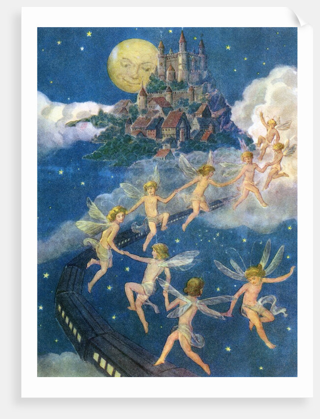 Fairies dancing alongside train by Anonymous