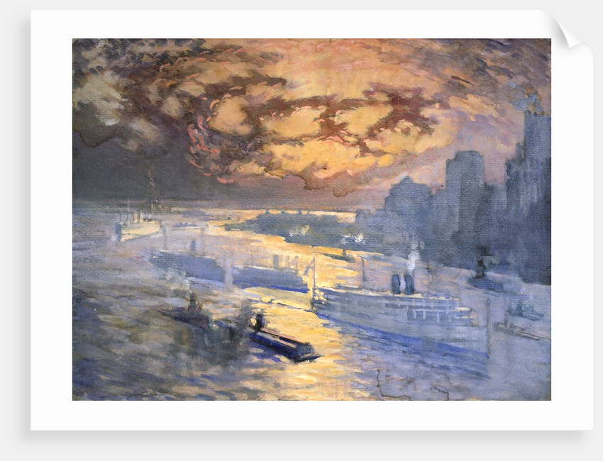 Reflective River (New York City: Ships on the East River, Statue of Liberty in the Distance) by Joseph Pennell