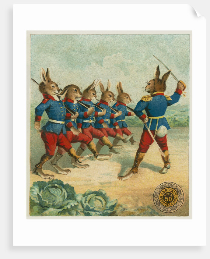 Advertisement with rabbit soldiers by Anonymous