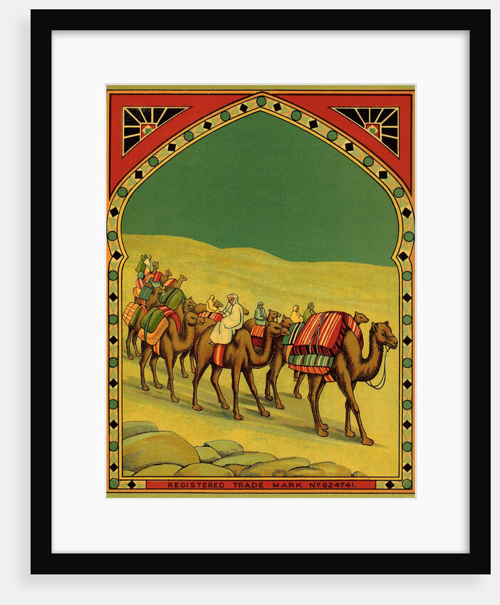 Czech English cotton label with caravan of camels by Anonymous
