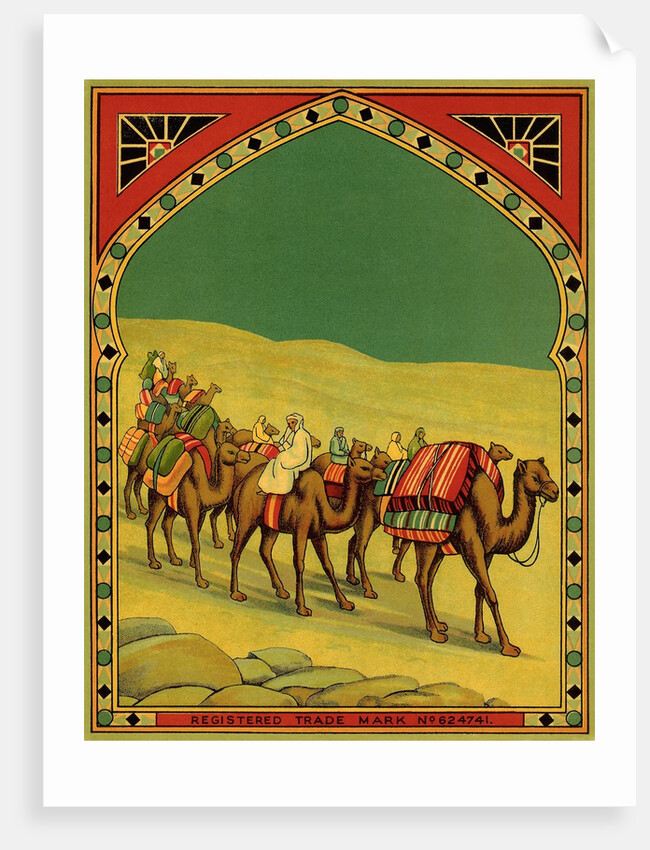 Czech English cotton label with caravan of camels by Anonymous