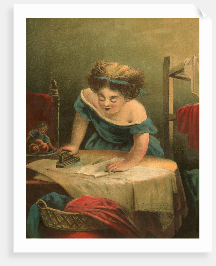 Victorian print of girl ironing by Anonymous