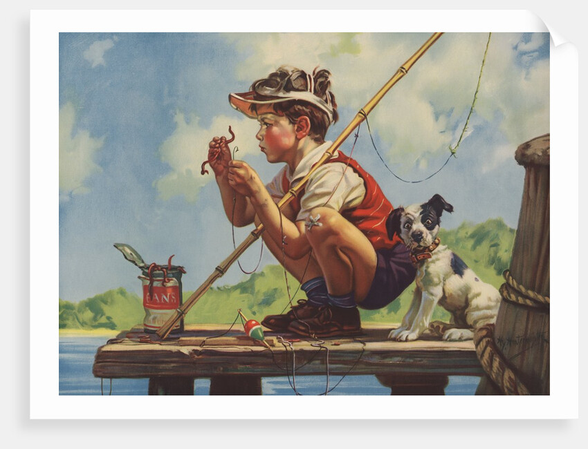 Illustration of boy hooking bait by Anonymous